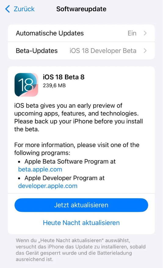 三都镇苹果手机维修分享苹果 iOS / iPadOS 18 开发者预览版 Beta 8 发布 